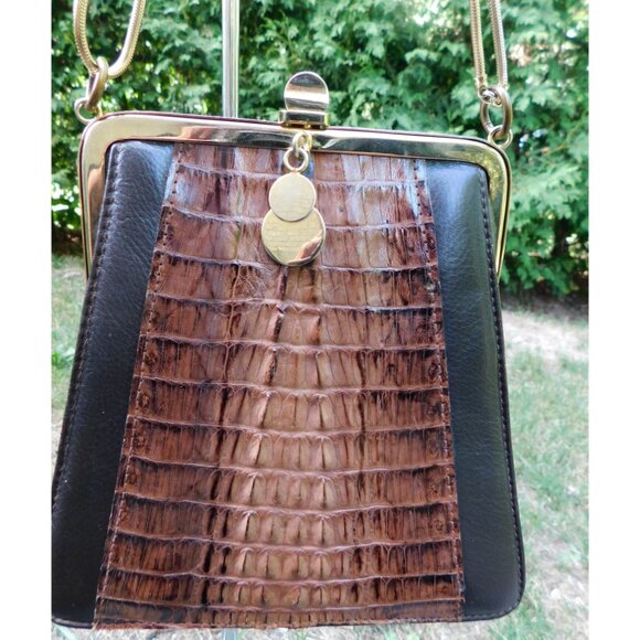 Vintage Made in Spain - Dark Brown Leather with Faux Aligator Bag - Picture 1 of 6
